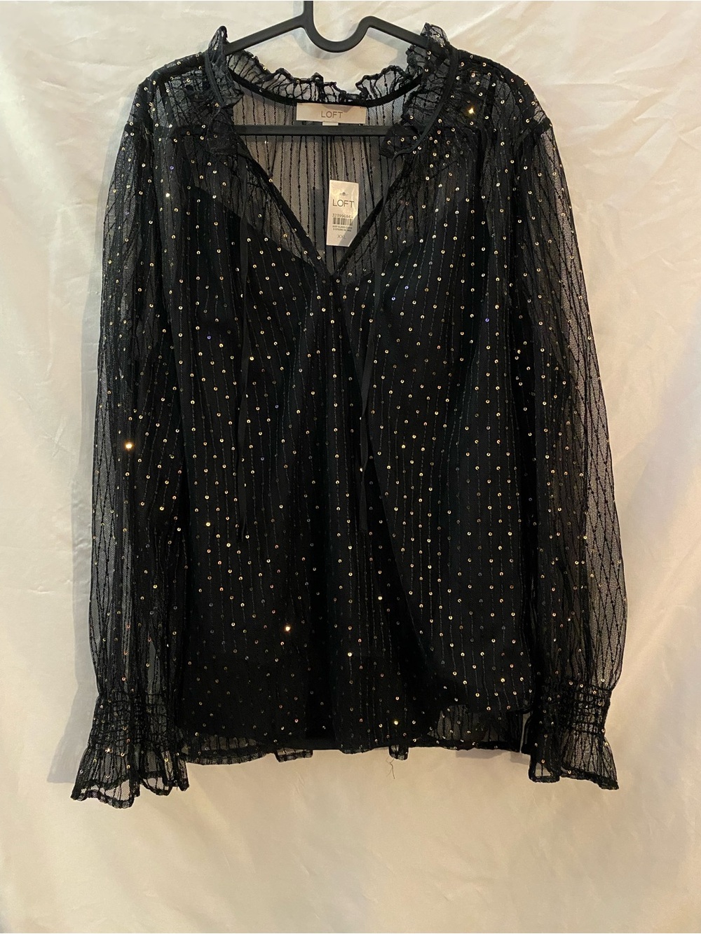 LOFT NWT Black Shimmer Sequin Mesh Ruffle Blouse Tie Neck Top XXL Plus